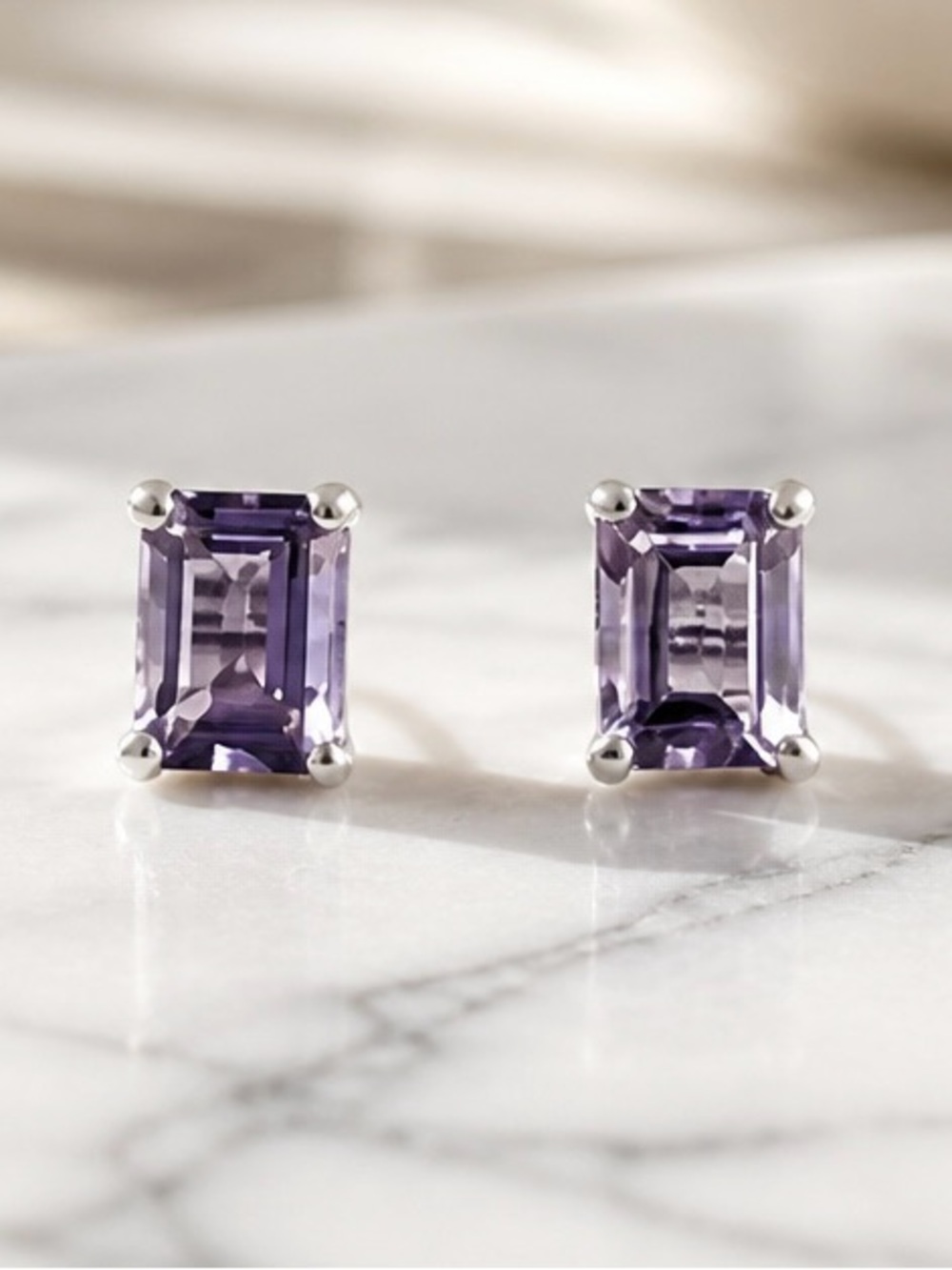 Sterling Silver Purple Amethyst gemstones Emerald-Cut Stud Earrings